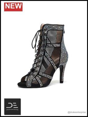 Women Rhinestone Lace Up Open Toe Ankle Boots Latin Salsa Dance Practice Heels